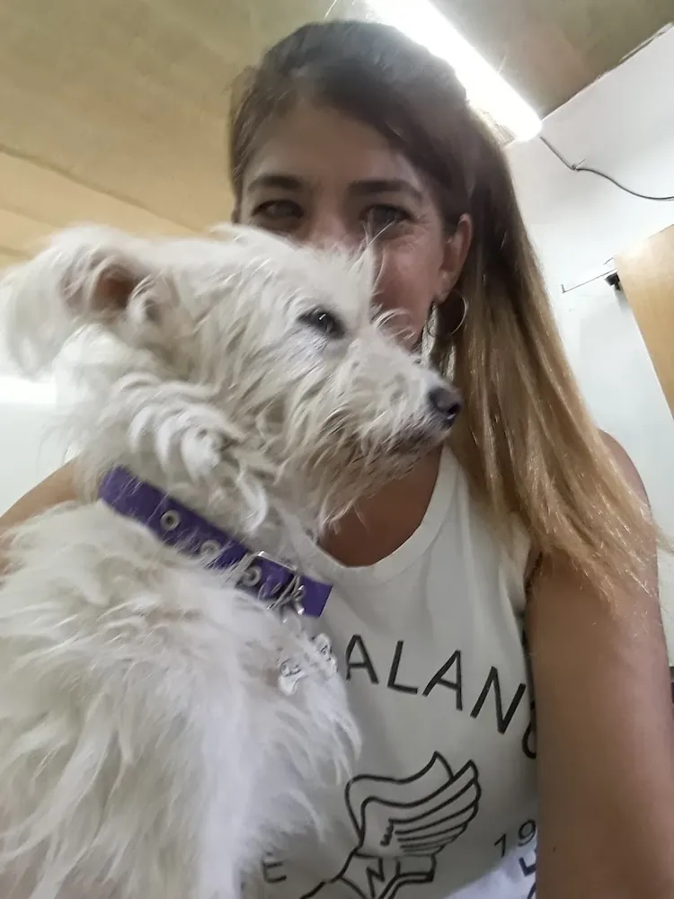 Una mujer abraza a su perro blanco de collar violeta